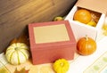 Thanksgiving gift boxes with fruits and vegetables on the table. Autumn harvest at a time of abundance. Royalty Free Stock Photo