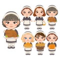 Thanksgiving girls cartoon character with pilgrims costume holding turkey, pie, pumpkin, corns, basket vector Royalty Free Stock Photo