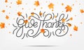 Thanksgiving. Give Thanks lettering and falling autumn leaves. Thanksgiving Day background