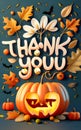 Thanksgiving greeing card, illustration decorated with 3D Realistic spooky pumpkin and autumn fall maple leaves.