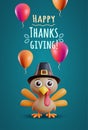 Thanksgiving greeting card with 3d cute turkey in pilgrim hat and air balloons. Vector illustration