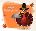 Thanksgiving greeting card with a turkey bird wearing a Pilgrim