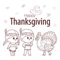 Thanksgiving hand drawn doodle with American Indian children, Turkey, Pilgrim Hat, Autumn leaves vector