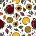 Thanksgiving hand drawn doodle style holiday traditional symbols seamless pattern. Turkey, pumpkin pie, apple pie etc Royalty Free Stock Photo