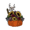 Thanksgiving hand drawn doodle stylew pumpkin and autumn flowers centerpiece. Agonis and willow eucaliptus, cotton flower and fall