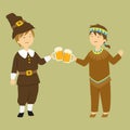 Thanksgiving Happy Pilgrim and Native Boy With Pumpkin Ale Royalty Free Stock Photo