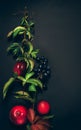 Thanksgiving harvest concept. Autumn seasonal fruits apples pears grapes leaves lined with frame black background. Royalty Free Stock Photo