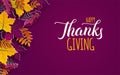 Thanksgiving holiday banner with congratulation text. Autumn tree leaves on purple background. Autumnal design for fall season pos Royalty Free Stock Photo