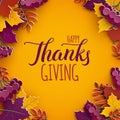 Thanksgiving holiday banner with congratulation text. Autumn tree leaves on yellow background. Autumnal design for fall season