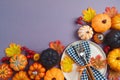 Thanksgiving holiday concept with plate, pumpkin and autumn leaves on purple background. Top view, flat lay