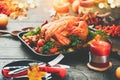 Thanksgiving holiday dinner. Served table with roasted turkey Royalty Free Stock Photo