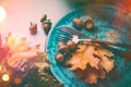 Thanksgiving. Holiday dinner table served, decorated with autumn leaves Royalty Free Stock Photo