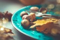 Thanksgiving. Holiday dinner table served, decorated with autumn leaves Royalty Free Stock Photo