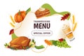 Thanksgiving holiday menu design template. Vector flat cartoon illustration. Abstract white frame, poster or banner Royalty Free Stock Photo