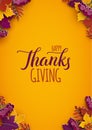 Thanksgiving holiday poster with congratulation text. Autumn tree leaves on yellow background. Holiday design, fall season poster