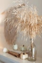 Thanksgiving Home  Decor - White Wooden Fireplace With Wall Macrame, Cream And Beige Pumpkins, Pine Cones Garland And Rustic Dry