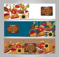 Thanksgiving horizontal banner set. Happy holiday background. Turkey day sale design.