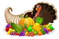 Thanksgiving horn of plenty cornucopia full of vegetables and fruit with cartoon turkey bird Royalty Free Stock Photo