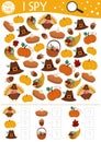 Thanksgiving I spy game for kids. Searching and counting activity for preschool children with turkey, pumpkin, cornucopia. Funny Royalty Free Stock Photo