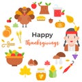 Thanksgiving icon arrange as circle shape and happy thanksgiving Royalty Free Stock Photo