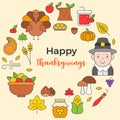 Thanksgiving icon arrange as circle shape and happy thanksgiving Royalty Free Stock Photo