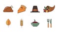 Thanksgiving Icon Set Featuring Turkey Pie Pilgrim Hat Cornucopia Leaf Wheat Berries and Cutlery Elements Royalty Free Stock Photo