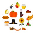 Thanksgiving icons set, flat style Royalty Free Stock Photo