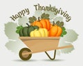 Thanksgiving illustration. Colorful pumpkins in a garden cart and congratulatory text. Postcard vector