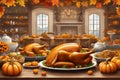 A thanksgiving illustration set against a wide open backdrop featuring variety of meals