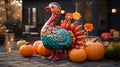 Thanksgiving inflatable turkey and pumpkins front yard display, exterior home decor Royalty Free Stock Photo