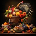 Harvest foods set up on display with dark background. Royalty Free Stock Photo