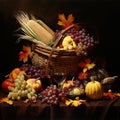 Harvest foods set up on display with dark background. Royalty Free Stock Photo