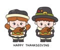 Thanksgiving kids Pilgrim boy and girl with roast chicken cute character vector. Series: Kawaii cartoon