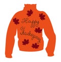 Thanksgiving lettering - inscription on the orange warm sweter with maple leaves - hand-drawn lettering Happe Thanksgiving -