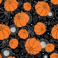 Thanksgiving line art pumpkins, sunflower, leaf seamless pattern on black and white background design Royalty Free Stock Photo