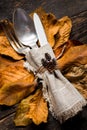 Thanksgiving Meal Setting. Seasonal table setting. Thanksgiving autumn place setting with cutlery and autumn leaves. Royalty Free Stock Photo