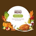 Thanksgiving menu, poster or banner design template. Vector illustration of roasted turkey, pumpkin, wine, pie Royalty Free Stock Photo
