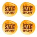 Thanksgiving orange sale stickers set 10%, 20%, 30%, 40% off with autumn leaves