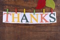 Thanksgiving party bunting on dark wood background.