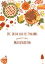Thanksgiving party invitation template with thanksgiving dinner turkey, pumpkin pie, food, table setting design. Cute Royalty Free Stock Photo