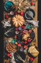 Thanksgiving party table setting with roasted chicken and seasonal produce Royalty Free Stock Photo