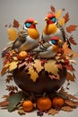 Thanksgiving photo with a pumpkin, leaves, and birds.Generative Ai