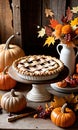 Thanksgiving Pie On A Wooden Stool With A Rustic Barn Settin. Generative AI