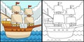 Thanksgiving Pilgrim Boat Coloring Illustration