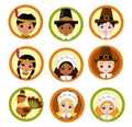 Thanksgiving Pilgrim Kids cupcake toppers. Vector. Royalty Free Stock Photo