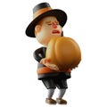 Thanksgiving Pilgrim Man 3D Cartoon Design carrying a pumpkin by his hand