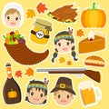 Thanksgiving Characters and Items Cartoon Vector Set Royalty Free Stock Photo