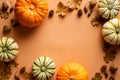 Thanksgiving postcard template. Autumn frame made of pumpkins, dry oak leaves, acorns, cones on orange background. Autumn, fall Royalty Free Stock Photo