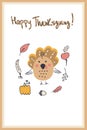 Thanksgiving postcard with turkey, pumpkin, vegetables and autumn leaves. Hand drawn universal artistic card template background