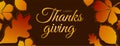 Thanksgiving poster template. Autumn leaves on dark background with line art leaves pattern. Cute turkey with wine glass